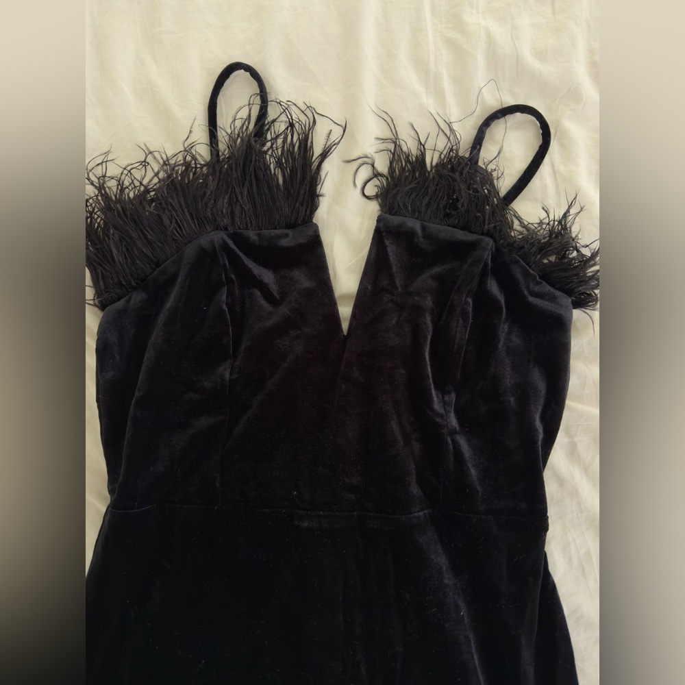 Mini Black Velvet Dress with Feather Details